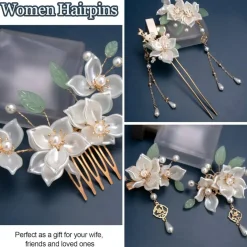 5-Piece White Flower Tassel Hairpin Set - Vintage Hanfu Bridal Headpiece with Pearl & Rhinestone Accents for Women