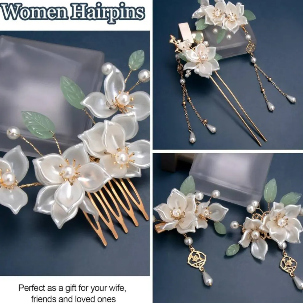 5-Piece White Flower Tassel Hairpin Set - Vintage Hanfu Bridal Headpiece with Pearl & Rhinestone Accents for Women