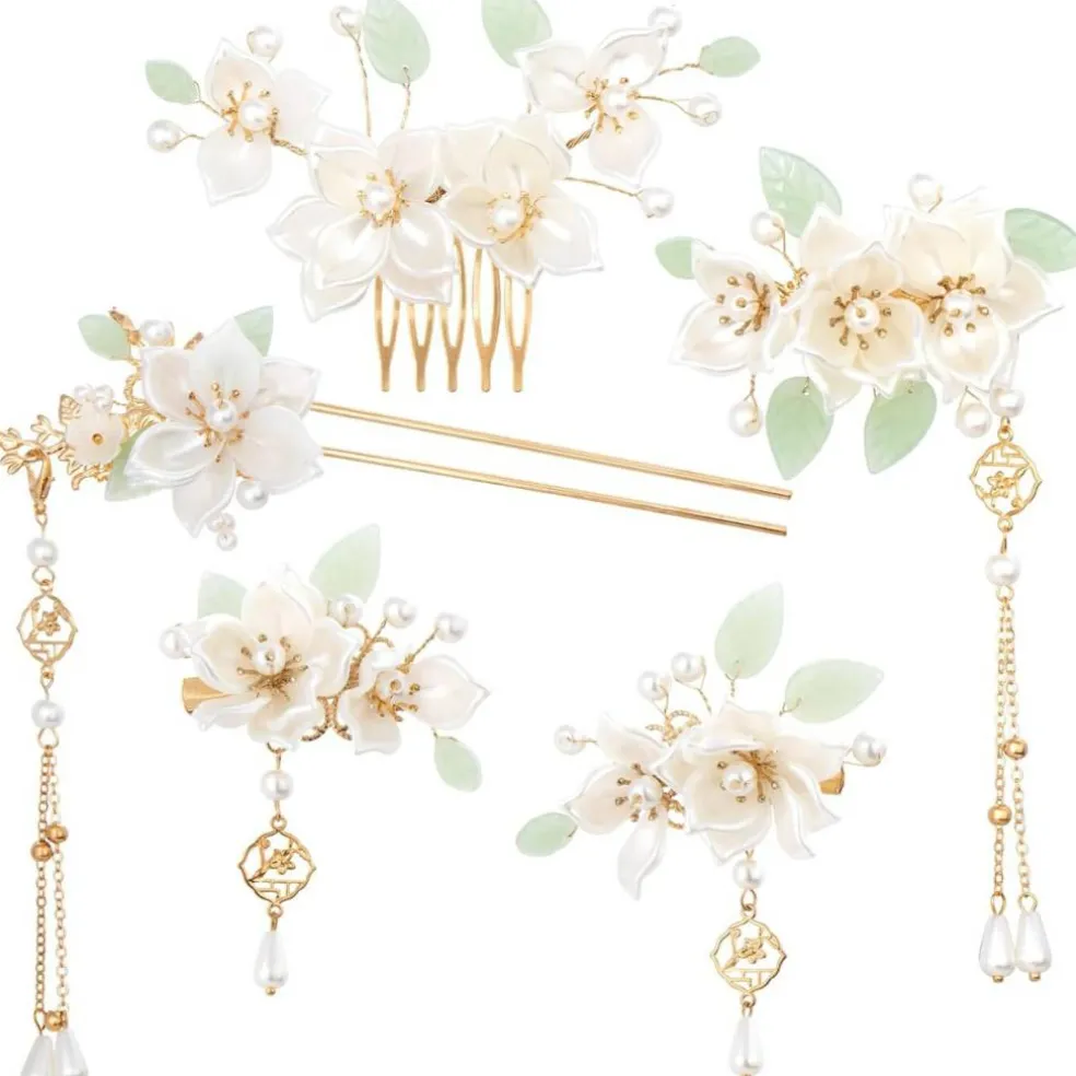 5-Piece White Flower Tassel Hairpin Set - Vintage Hanfu Bridal Headpiece with Pearl & Rhinestone Accents for Women