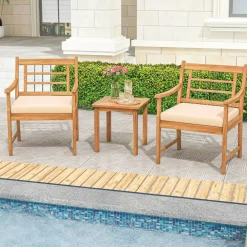 3 Piece Wood Patio Furniture Set with Seat Cushions and Acacia Wood Frame