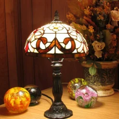 Pink/Amber Fleur-de-lis Genuine Stained Glass Shade & Lamp Base - Perfect for a Living Room, Bedroom, Office, & More