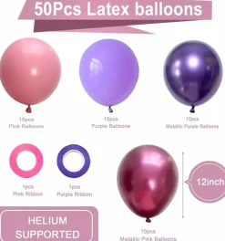 Pink and Purple Party Balloons, 50Pcs 12 Inch Purple Pink Balloons, Metallic Pink Purple Latex Balloons Birthday Party Balloons for Girls Birthday Baby Shower Wedding Party Decorations