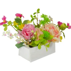 14'' Pink and Yellow Artificial Roses and Peony Floral Arrangement in Planter