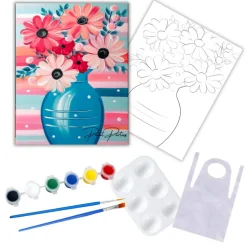 "Pink Bouquet In Blue Vase" DIY Canvas Art Kit, Adult Beginner, Acrylic Paint Size 11x14 inch
