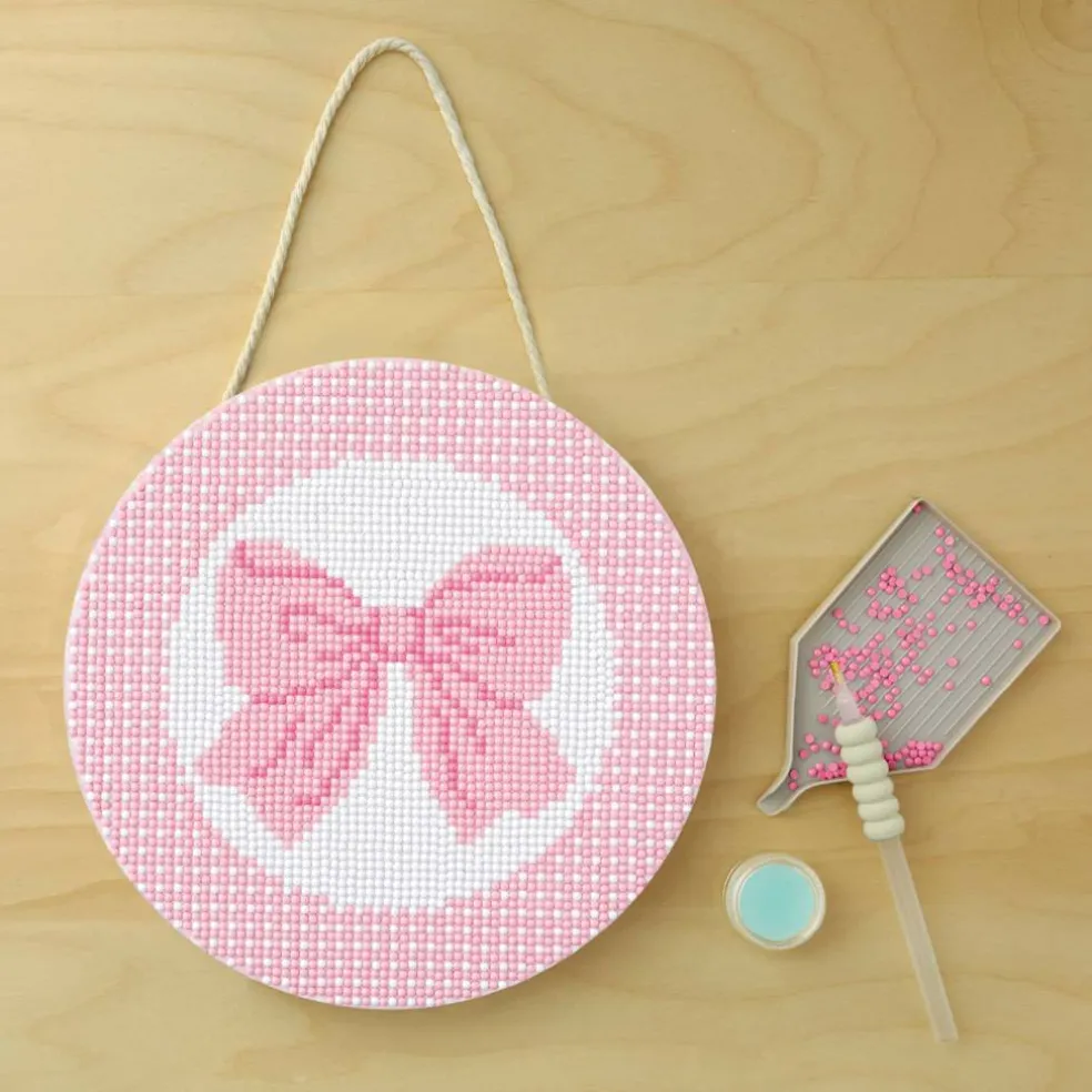 8" Pink Bow Round Stretched Canvas Diamond Art Kit by Make Market®