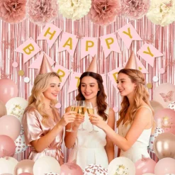 Pink Decorations for Women Girls, Dusty Pink Sand Rose Gold Metallic Printed Balloons Butterfly Stickers Fringe Curtain Happy Birthday Banner Circle Dots Garland Paper Pompoms Valentines Supplies