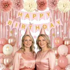 Pink Decorations for Women Girls, Dusty Pink Sand Rose Gold Metallic Printed Balloons Butterfly Stickers Fringe Curtain Happy Birthday Banner Circle Dots Garland Paper Pompoms Valentines Supplies