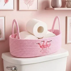Pink Flamingo Woven Storage Basket for Toilet Tank Top Boho Cotton Rope Bathroom Countertop Organizer Basket with Handle Pink Bathroom Decor for Bedroom Nursery Toys Organizing, 13 x 6 x 4 Inch