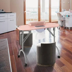 Pink Foldable Manicure Nail Table with 4 Lockable Wheels and LED Table Lamp