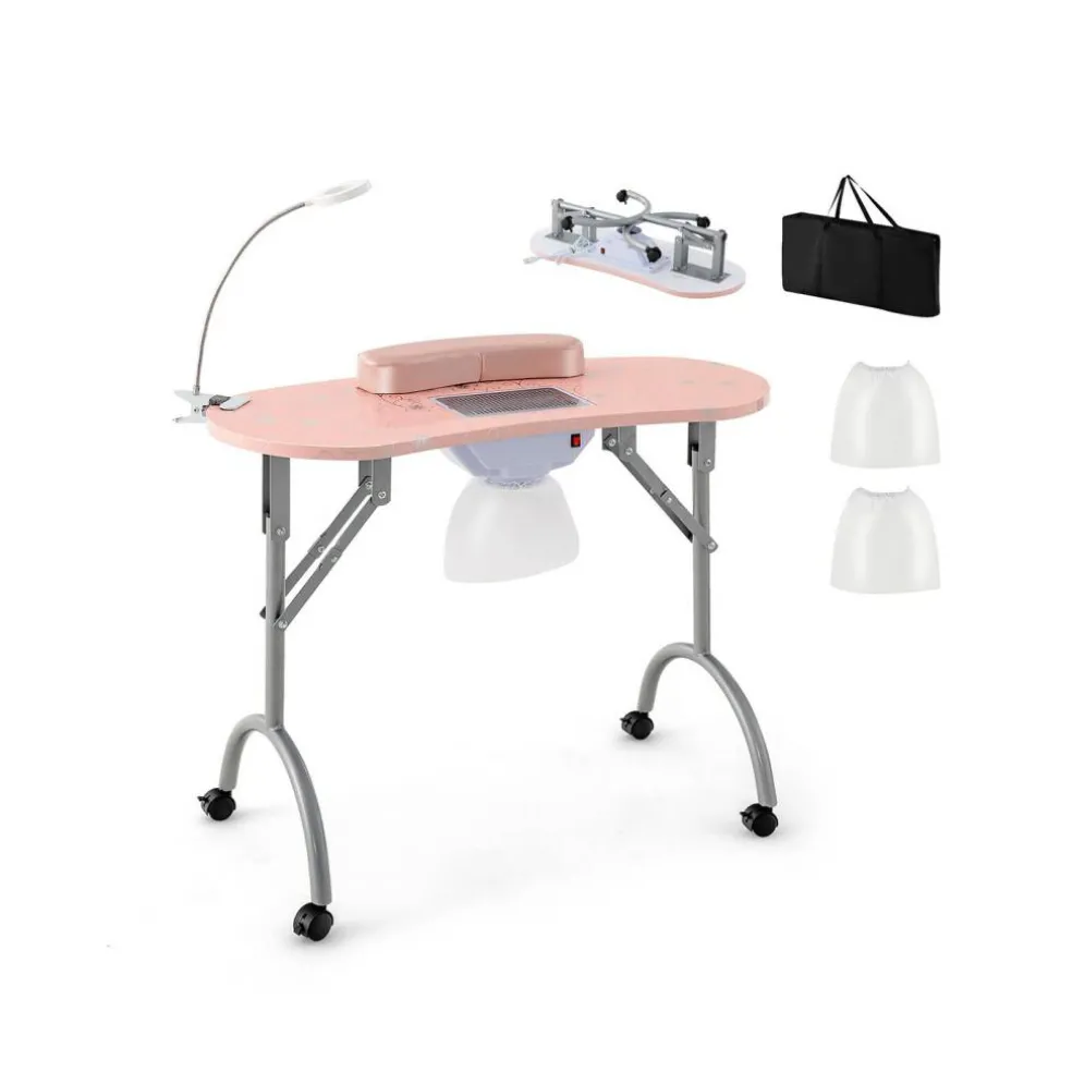 Pink Foldable Manicure Nail Table with 4 Lockable Wheels and LED Table Lamp