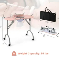 Pink Foldable Manicure Nail Table with 4 Lockable Wheels and LED Table Lamp
