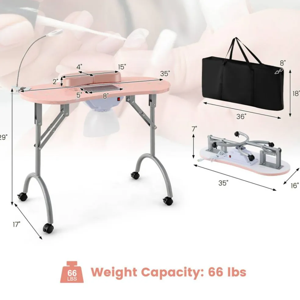Pink Foldable Manicure Nail Table with 4 Lockable Wheels and LED Table Lamp