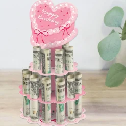 Pink Heart Cake Birthday Money Gift Display, DIY Cash Holder Stand with 20 Bill Slots, Vintage Coquette Cash Cake Gift Stand for Girls Birthday Party