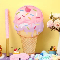 Pink Ice Cream Piñata Cute Dessert Cone Shaped Piñata with Stick Blindfold for Ice Cream Candy Birthday Party Summer Baby Shower Wedding Party Supplies Decor,