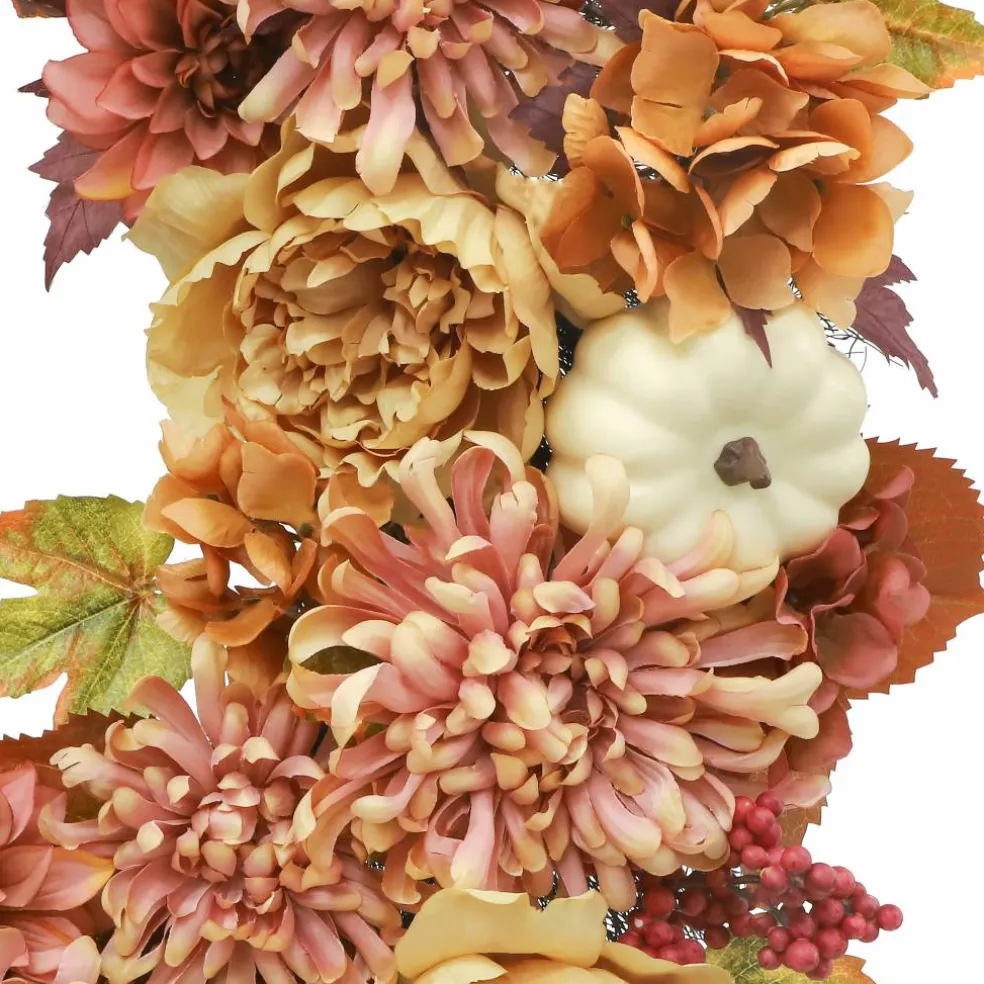 26" Pink Mum & Dahlia Wreath with Cream Pumpkins by Ashland®