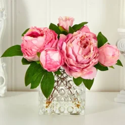8.5" Pink Peony In Square Textured Glass Vase