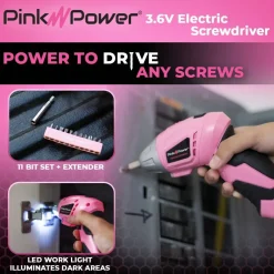Pink Power Cordless Electric Screwdriver Set - 3.6V Rechargeable Battery Powered Screw Gun Kit with LED Light, Portable Mini Drill for Women