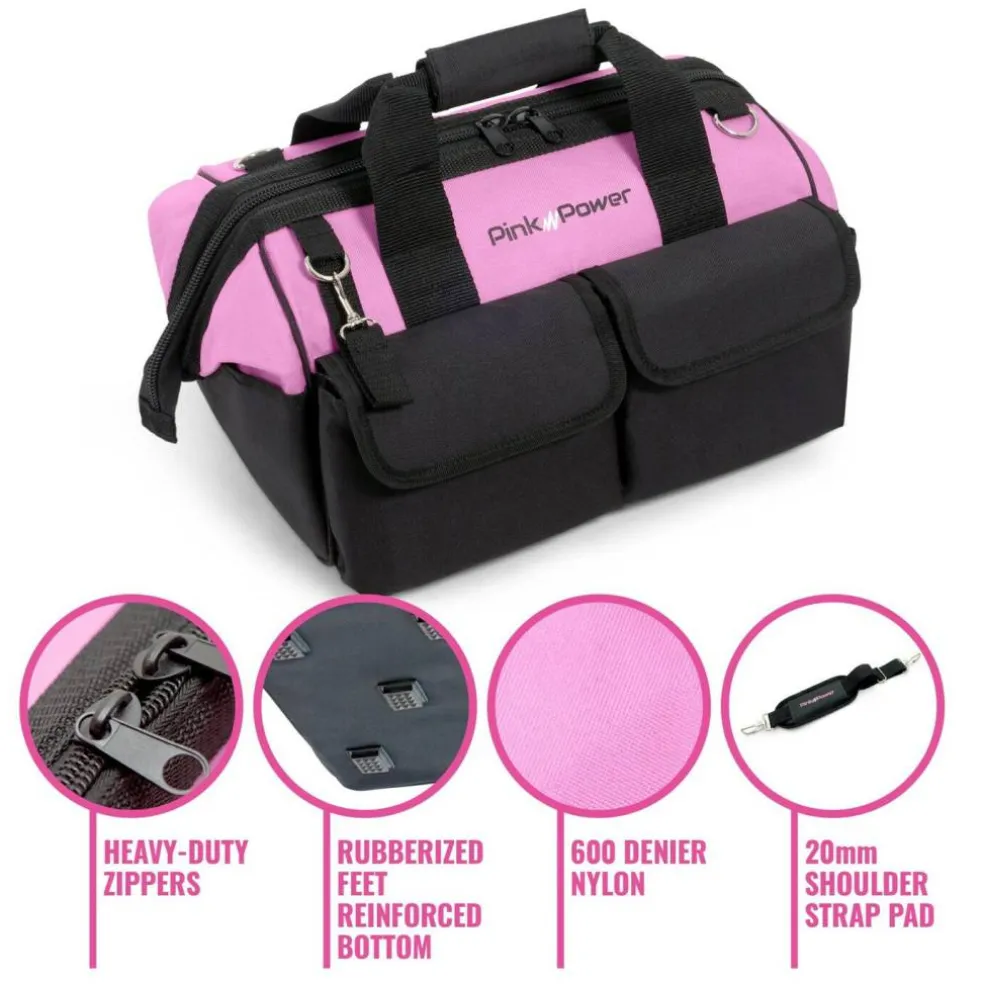 Pink Power 16" Pink Tool Bag for Women - Tool Tote with 22 Storage Pockets, Small Zippered Tool Organizer for Hand Tools, Power Tools & Tool Kits