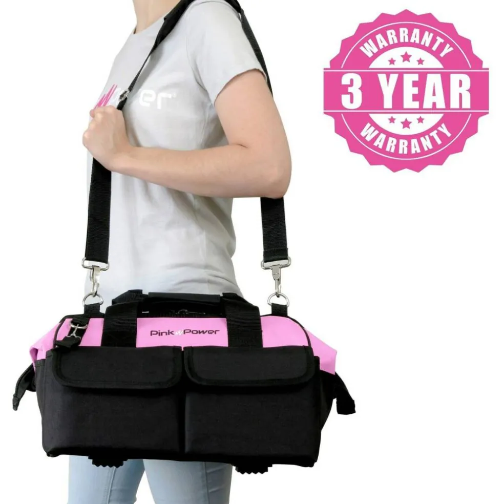 Pink Power 16" Pink Tool Bag for Women - Tool Tote with 22 Storage Pockets, Small Zippered Tool Organizer for Hand Tools, Power Tools & Tool Kits