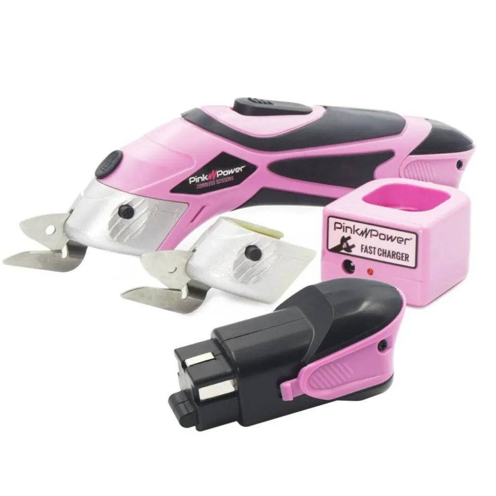 Pink Power 4V Pink Cordless Electric Rechargeable Fabric Scissors and Extra Battery Bundle