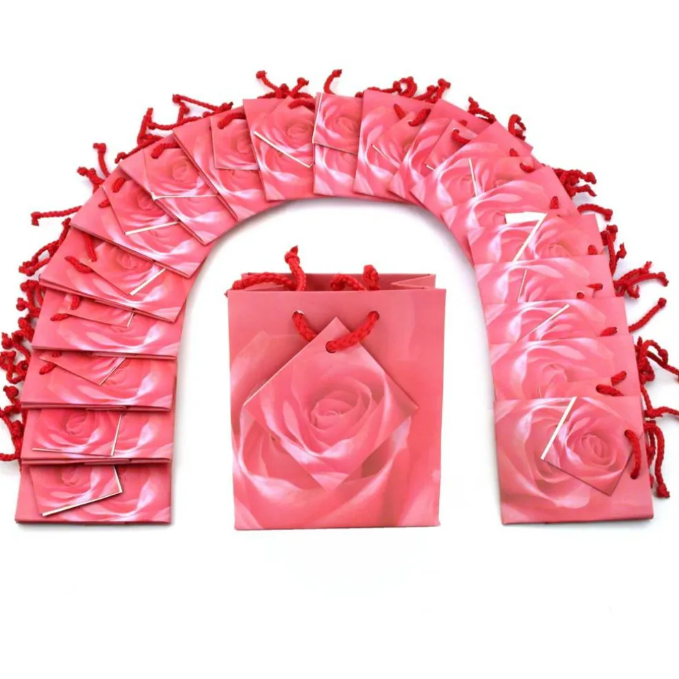 20 Pink Rose Shopping Tote Gift Bags & Card 3 1/2"