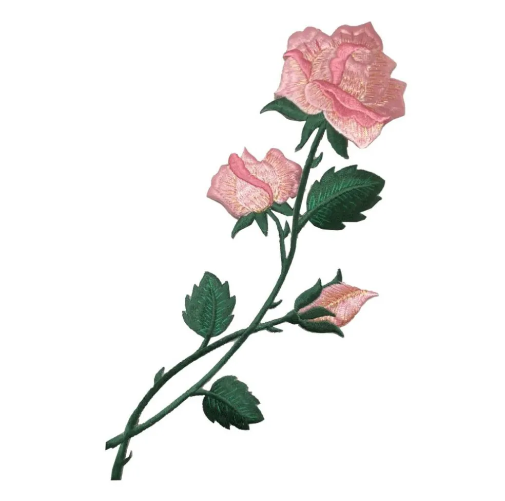 10" Pink Rose with Gold Accents, Flowers, Embroidered, Iron on Patch