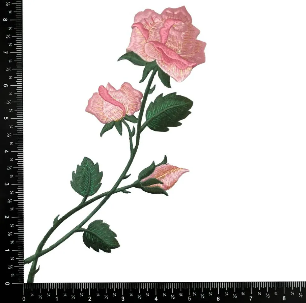 10" Pink Rose with Gold Accents, Flowers, Embroidered, Iron on Patch