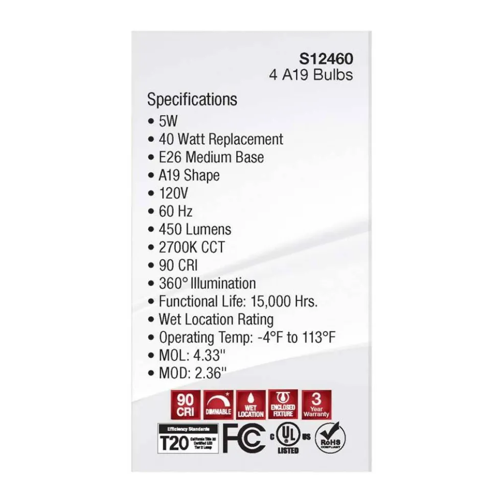 4Pk - 5W A19 LED Clear Warm White 2700K E26 Medium Base 120v - 40W equiv