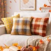 Plaid Fall Throw Pillow Covers Orange 18x18 Inch Set of 2