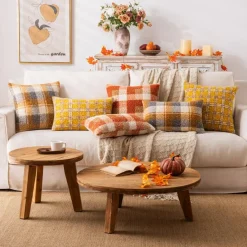 Plaid Fall Throw Pillow Covers Orange 18x18 Inch Set of 2