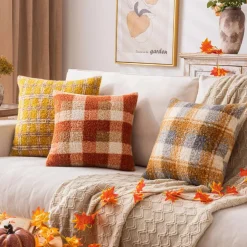Plaid Fall Throw Pillow Covers Orange 18x18 Inch Set of 2