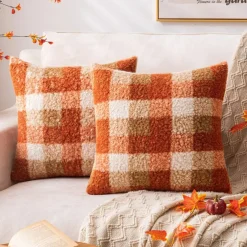 Plaid Fall Throw Pillow Covers Orange 18x18 Inch Set of 2