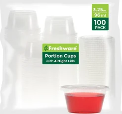 Plastic Portion Cups with Lids [3.25 Ounce, 100 Sets] Disposable Plastic Cups for Meal Prep, Salad Dressing,Shot Cups, Souffle Cups, Condiment and Dipping Sauce Cups