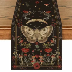 Poppy Moth Mushroom Moon Fall Table Runner, Seasonal Autumn Kitchen Dining Table Decoration for Home Party Decor 13x72 Inch