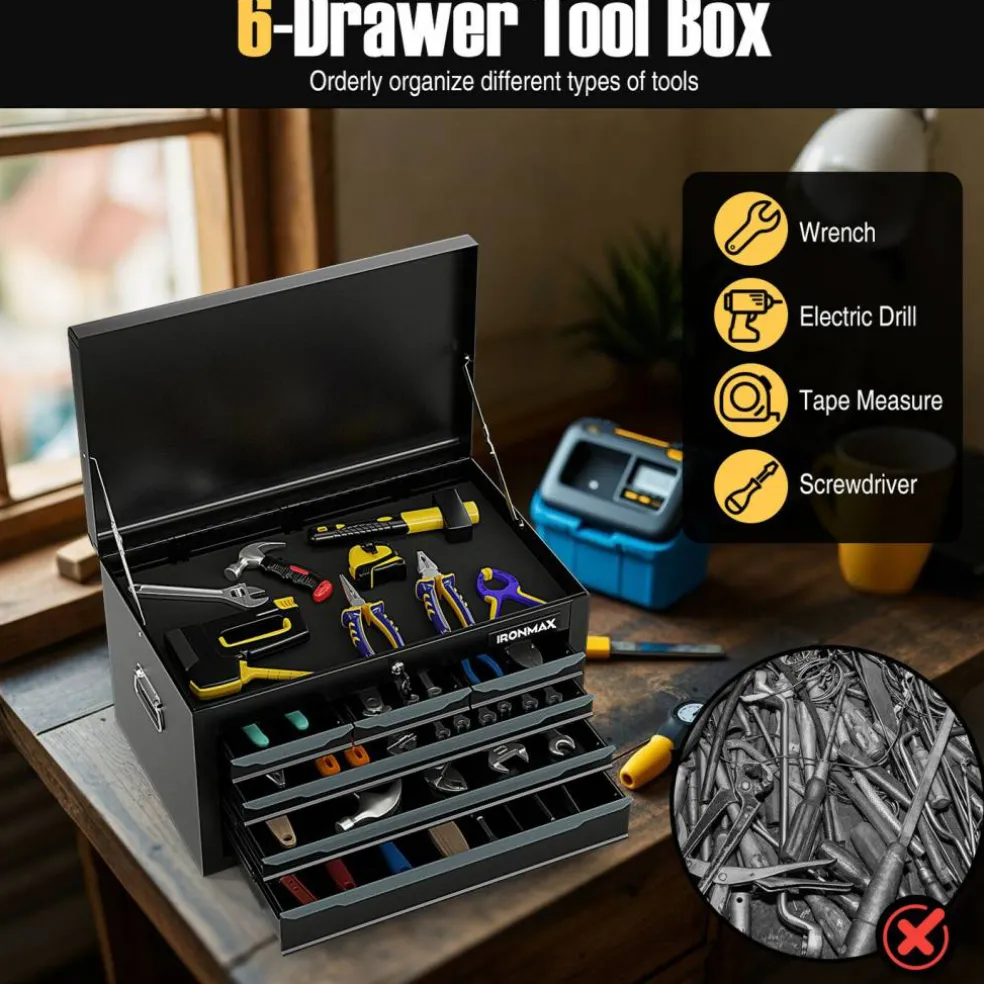 Portable Steel Toolbox 6 Drawer Ball Bearing Slides 120 lb Capacity