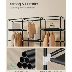 Portable Wardrobe Closet Black Fabric Storage Rack With 4 Hanging Zones Side Pockets Steel Frame Space Saving Clothes Organizer Bedroom