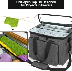 Premium Knitting Bag with Clear Top & Shoulder Strap - Yarn Storage Organizer for Crochet & Knitting Supplies, Gray