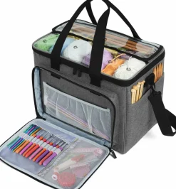 Premium Knitting Bag with Clear Top & Shoulder Strap - Yarn Storage Organizer for Crochet & Knitting Supplies, Gray