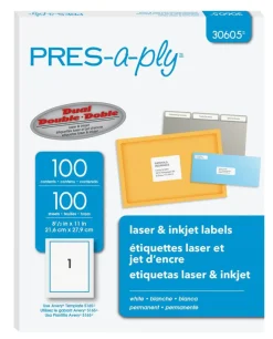 PRES-a-ply White Labels, 8-1/2" x 11", Permanent-Adhesive, 1-up, 100 labels