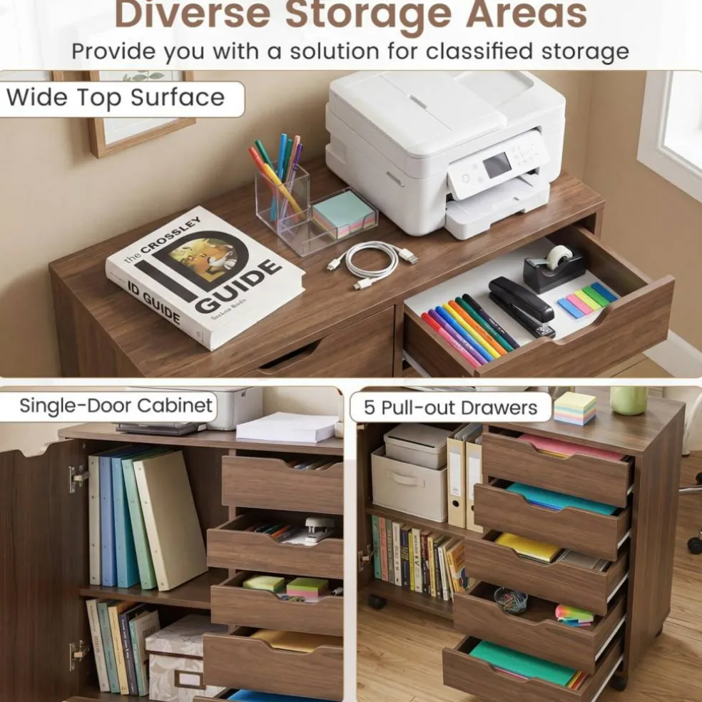 Printer Stand with 5 Drawers and Cabinet, Mobile Office Storage Cabinet with Adjustable Shelf, Rolling File Organizer with Locking Casters for Home Office