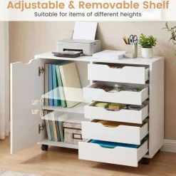 Printer Stand with 5 Drawers and Cabinet, Mobile Office Storage Cabinet with Adjustable Shelf, Rolling File Organizer with Locking Casters for Home Office