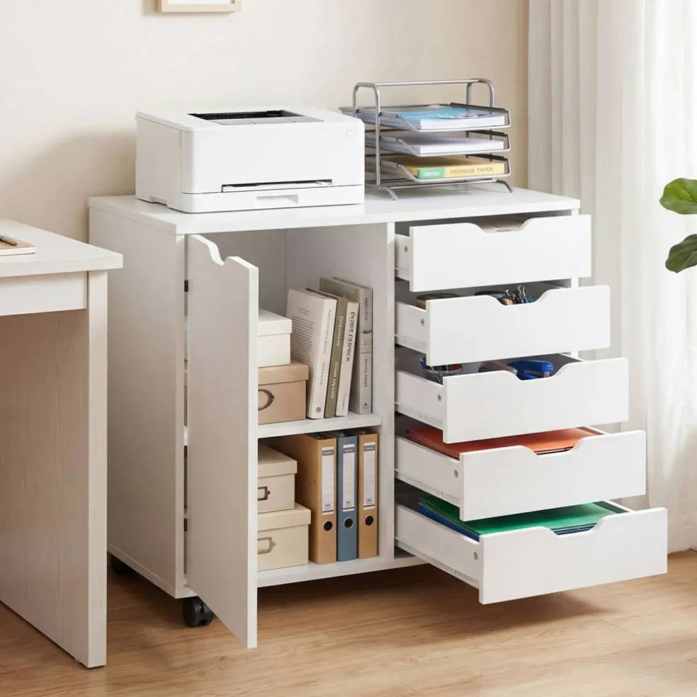 Printer Stand with 5 Drawers and Cabinet, Mobile Office Storage Cabinet with Adjustable Shelf, Rolling File Organizer with Locking Casters for Home Office
