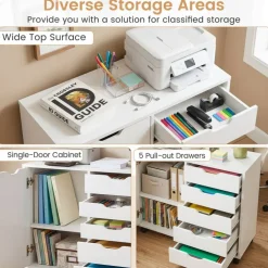 Printer Stand with 5 Drawers and Cabinet, Mobile Office Storage Cabinet with Adjustable Shelf, Rolling File Organizer with Locking Casters for Home Office