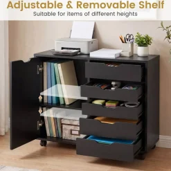 Printer Stand with 5 Drawers and Cabinet, Mobile Office Storage Cabinet with Adjustable Shelf, Rolling File Organizer with Locking Casters for Home Office