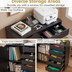 Printer Stand with 5 Drawers and Cabinet, Mobile Office Storage Cabinet with Adjustable Shelf, Rolling File Organizer with Locking Casters for Home Office