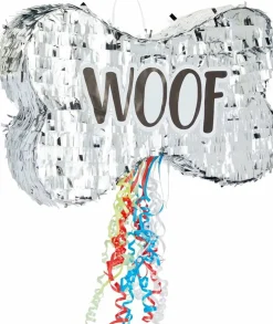 Pull String Dog Bone Pinata for Puppy Birthday Party Decorations, Silver Foil (Small, 16.8 x 10 x 3 In)