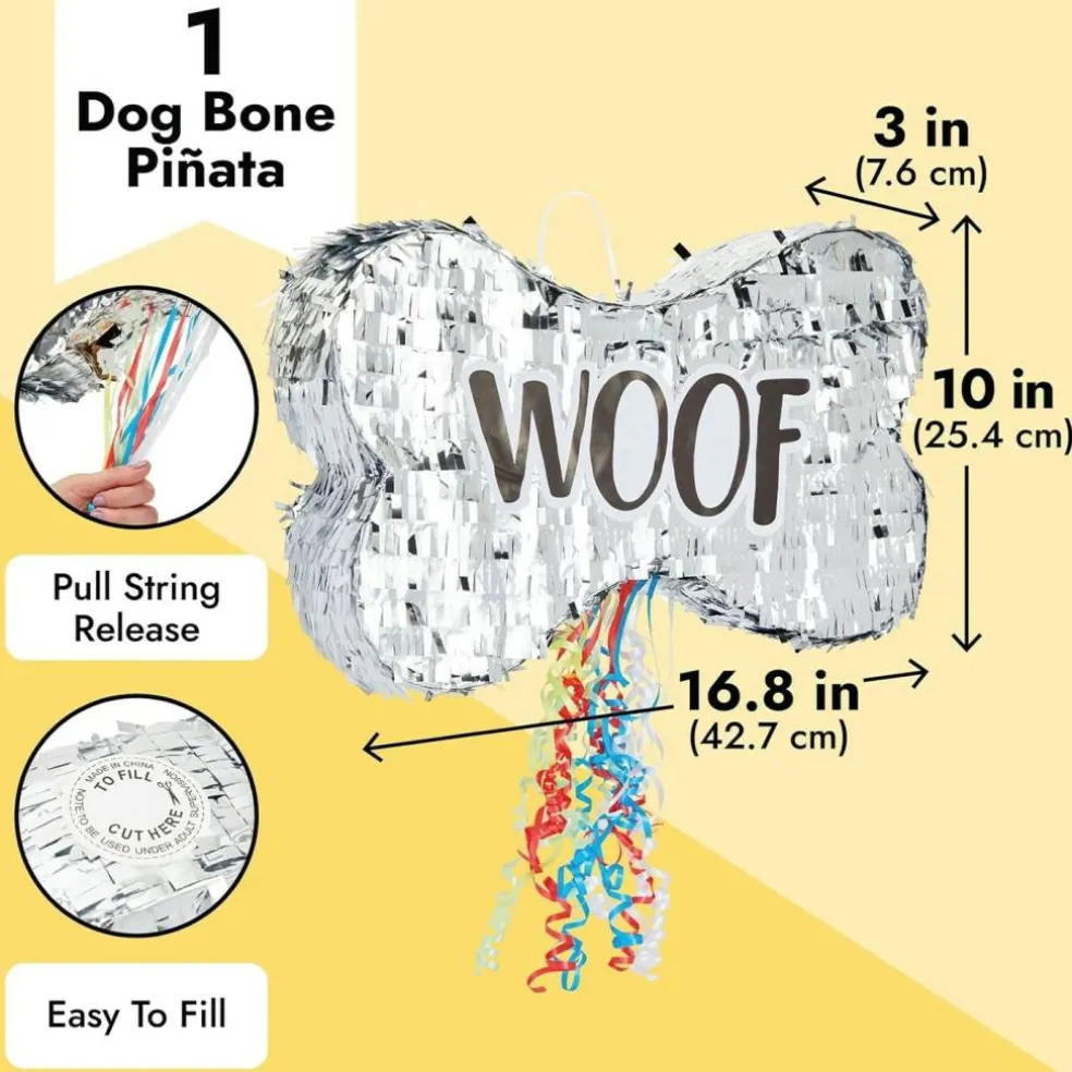 Pull String Dog Bone Pinata for Puppy Birthday Party Decorations, Silver Foil (Small, 16.8 x 10 x 3 In)