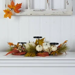 22" Pumpkin And Maple Leaf Autumn Candelabrum Arrangement