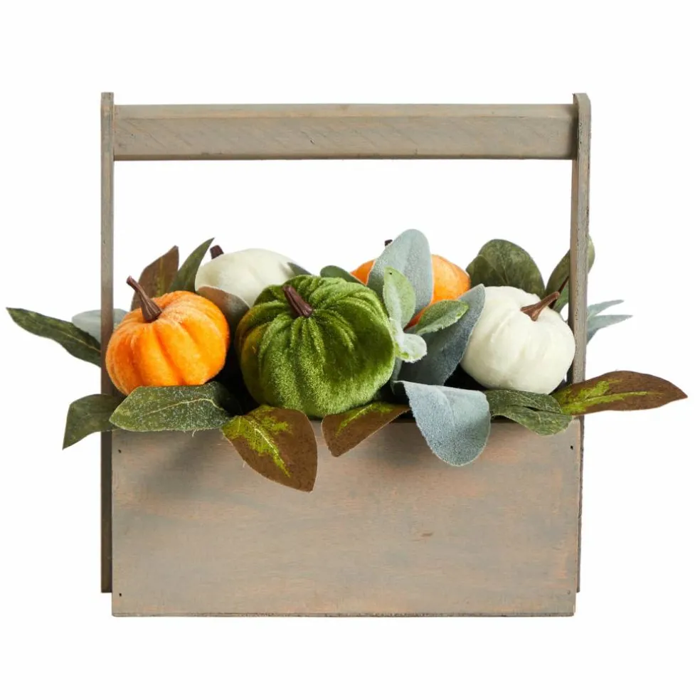 10" Pumpkin Autumn Arrangement In Wood Basket