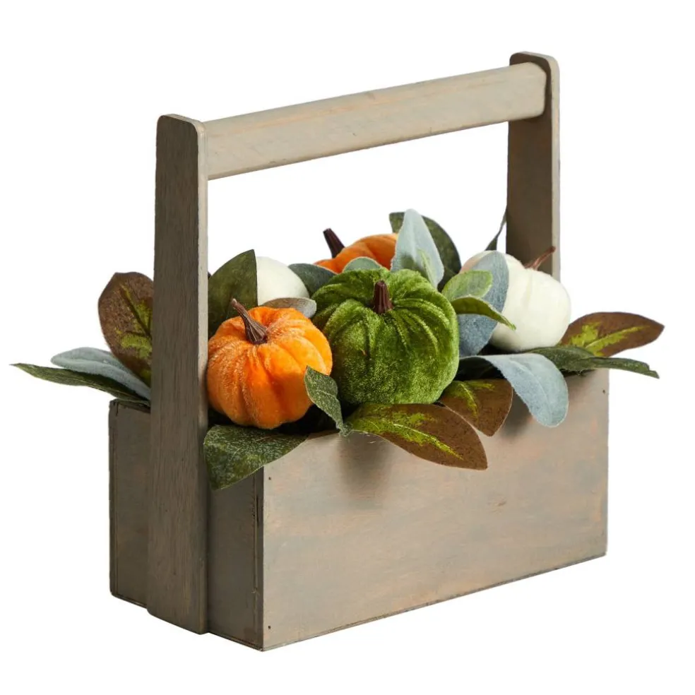 10" Pumpkin Autumn Arrangement In Wood Basket